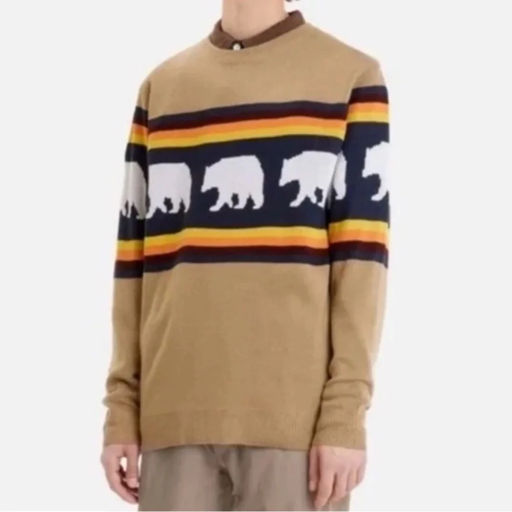 KAVU Highline Brown Sweater Bear Print Orange and Yellow Accents MEN'S Large - Picture 1 of 5